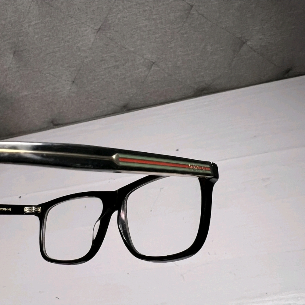 Gucci Eyeglasses Frame Only GG0384O 004 Shiny Black Red Green Striped Gold READ! - Picture 7 of 9